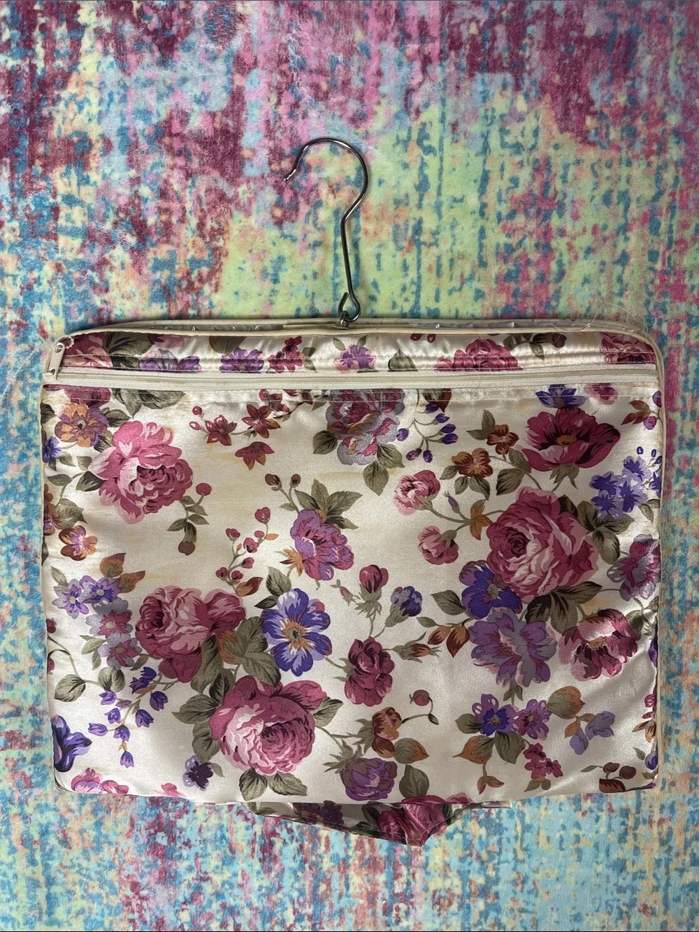 Hanging Makeup Organizer in Beige with Floral Accent